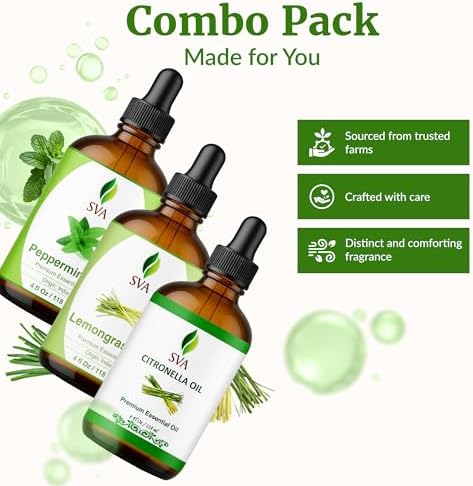 SVA Citronella, Lemongrass, and Peppermint Essential Oil 4 oz Bundle Super Saver Combo – Premium Grade Value Set for Hair Oiling, Scalp Massage, Hair Care, Skin Care and Body Massage