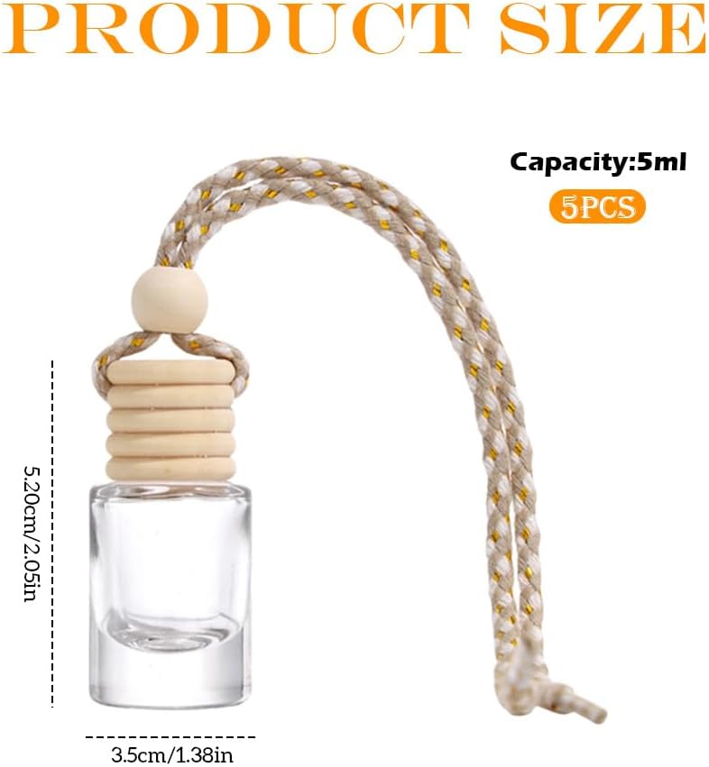 5 Pcs 5ml0.17oz Empty Hanging Car Air Freshener Diffusers Clear Glass Essential Oil Aromatherapy Pendant Vials with Wooden Caps and String Refillable Perfume Bottles for Fragrance