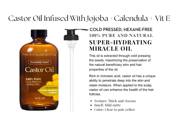 Essentially KateS Castor Oil 16 Fl Oz (Glass Bottle) - Jojoba + Calendula + Vitamin E - A Huge Glass Bottle with a Pump - 100% Pure and Natural, Cold Pressed, and Hexane-Free - Hair, Body