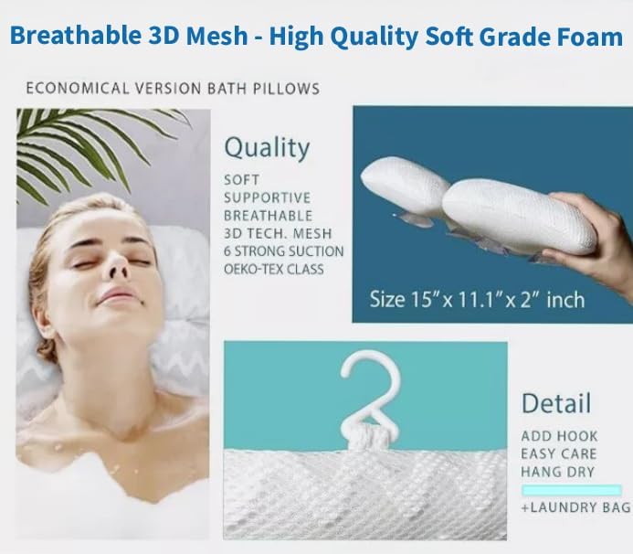 Luxury Bath Pillow for Tub - Non-Slip and Thick for Head, Neck, Shoulder, and Back Support - Soft and Large Comfortable Bathtub Pillow Cushion Headrest for Relaxation - Fits Any Tub - Made of 3D Mesh
