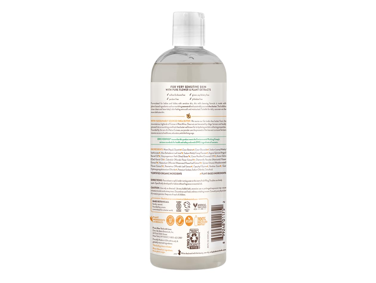Babo Botanicals Sensitive Baby Fragrance-Free 2-in-1 Bubble Bath & Wash - Shea Butter, Calendula & Oat - Vegan - EWG Verified - For Babies & Kids