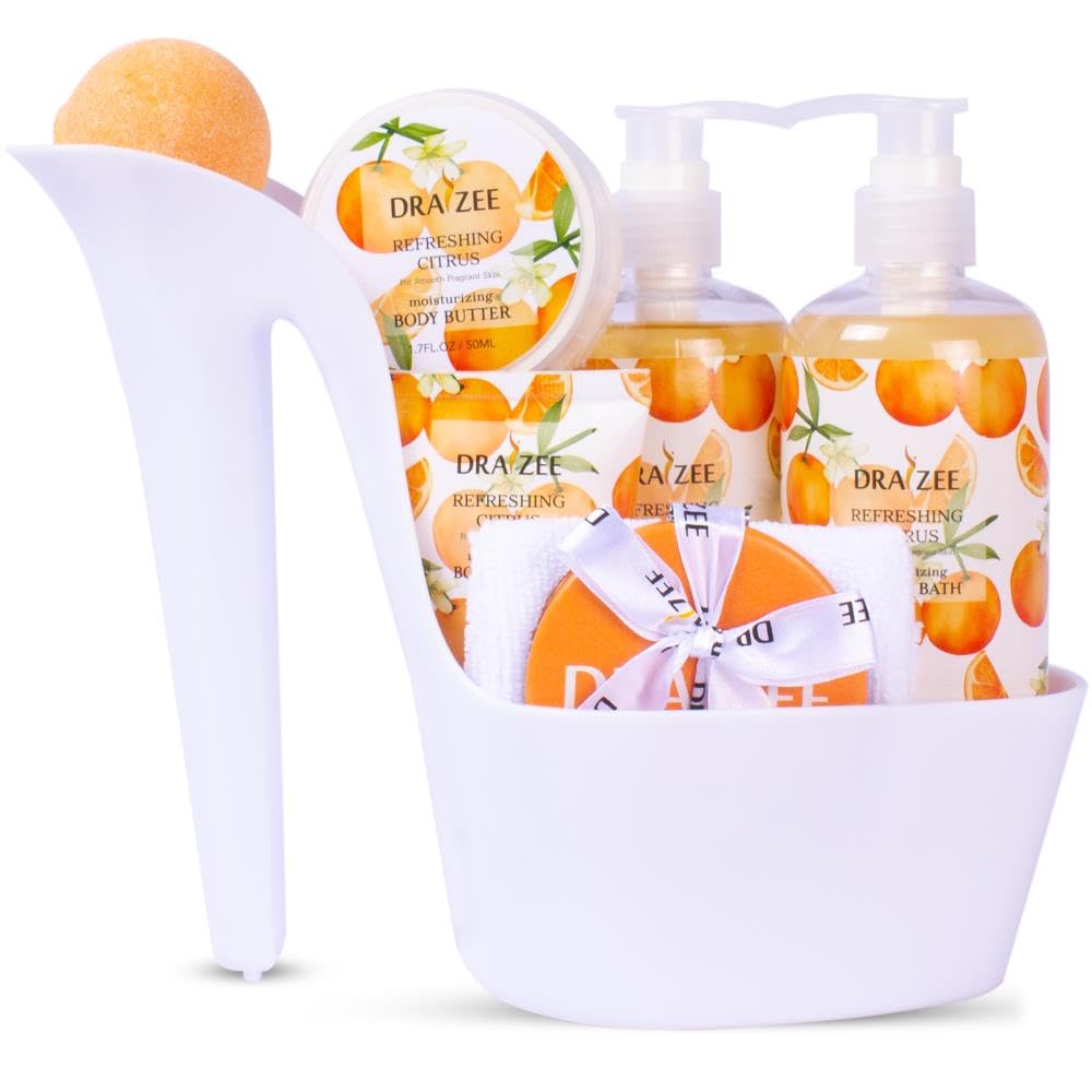 Draizee Heel Shoe Spa Gift Basket for Women, 8 Pc Citrus Scented | Gift Set, Luxury Self Care Kit for Mom, Relaxing Bath and Body Set, Home Spa Gifts for Her