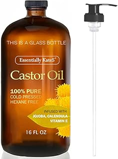 Essentially KateS Castor Oil 16 Fl Oz (Glass Bottle) - Jojoba + Calendula + Vitamin E - A Huge Glass Bottle with a Pump - 100% Pure and Natural, Cold Pressed, and Hexane-Free - Hair, Body