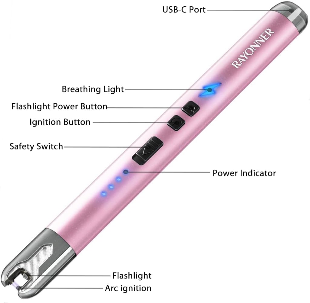 RAYONNER Electric Candle Lighter with Flashlight, Pink | USB C Rechargeable, Plasma Arc, Windproof, For Deep Candles, Gas Stove, Camping Grill Fireworks