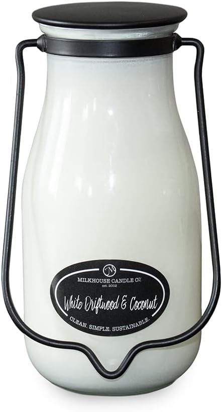 Milkhouse Candle Company White Driftwood & Coconut Soy Candle - Coconut Water | Mandarin Orange | Rosewater Scented - 14 oz Milkbottle with Lid, 90+ Hour Burn Time, Made in the USA