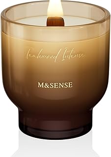 M&SENSE 9.9oz Natural Soy Wax Jar Candle with Wooden Wick | Teakwood Intense Scent | 55-Hour Burn & Long-Lasting Burn | Housewarming Gift for Men and Women