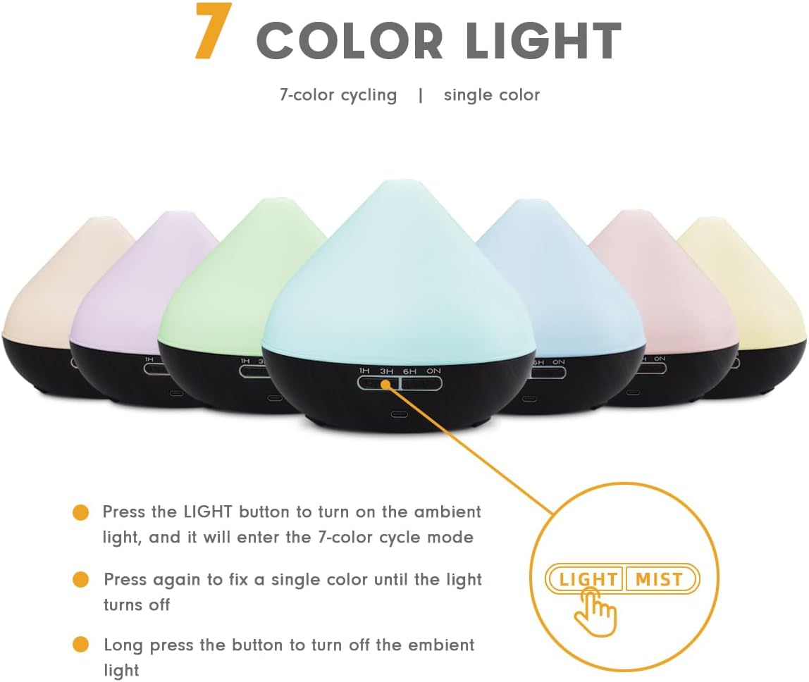 550ml Large Capacity Diffuser with Essential Oils, Aromatherapy Ultrasonic Air Humidifier for Bedroom, 7 LED Lights, Timer and Waterless Auto-Off for Home Decor Gift,Office Spa