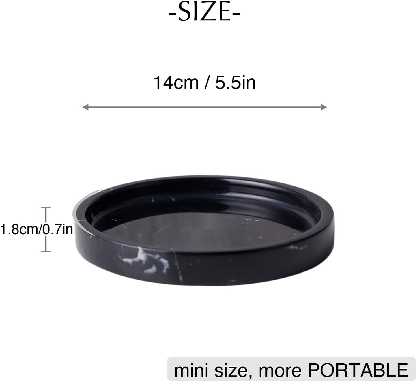 100% Carved Marble Round Vanity Tray 5.5'', for Kitchen Bathroom Countertop, Nightstand Decor, Candle Holder, Jewelry Rind Dish, Trinket Plate, Table Accents, Black