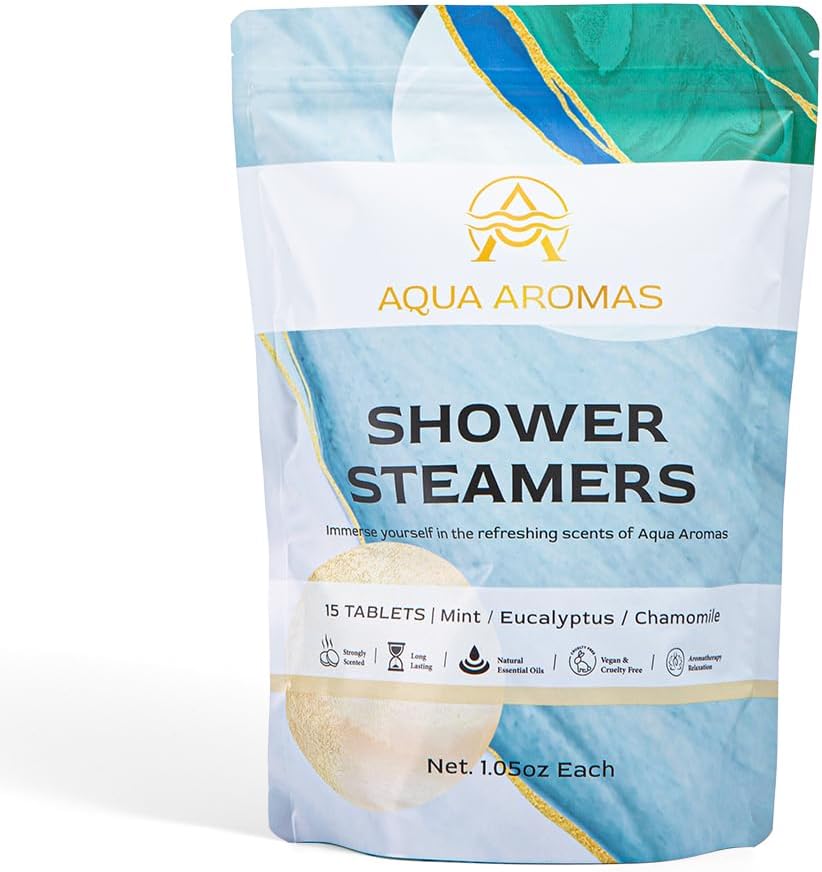 Aqua Aromas Shower Steamers - Aromatherapy Variety Shower Bombs, 15 Count - Eucalyptus, Chamomile, and Mint Essential Oils for Relaxation & Invigoration - Spa-Like Experience