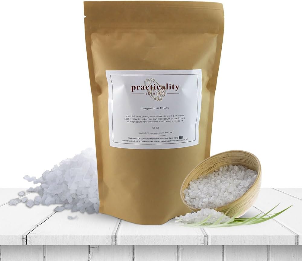 Practicality Magnesium Flakes for Bath |100% Natural USA-Sourced and Manufactured Magnesium Chloride Flakes - Great for Foot & Body Relaxation, Better Absorption Over Epsom Salt | 32 FL OZ | 1 Pc