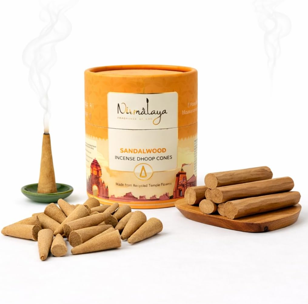 Nirmalaya Premium Sandalwood Incense Dhoop Cones with Free Stand | Charcoal-Free & Organic | Made with Recycled Temple Flowers | 25+ Min Burning Time | 60 Cones
