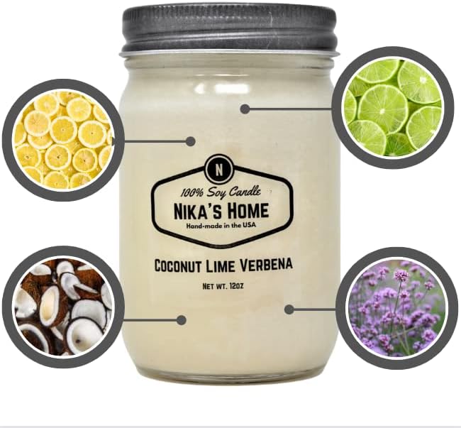 Coconut Lime Verbena Soy Candle - 12oz Mason Jar - Non-Toxic Soy Candle-Hand Poured Candle- Handmade, Long Burning Candle-Highly Scented Candle-All Natural, Clean Burning Candle