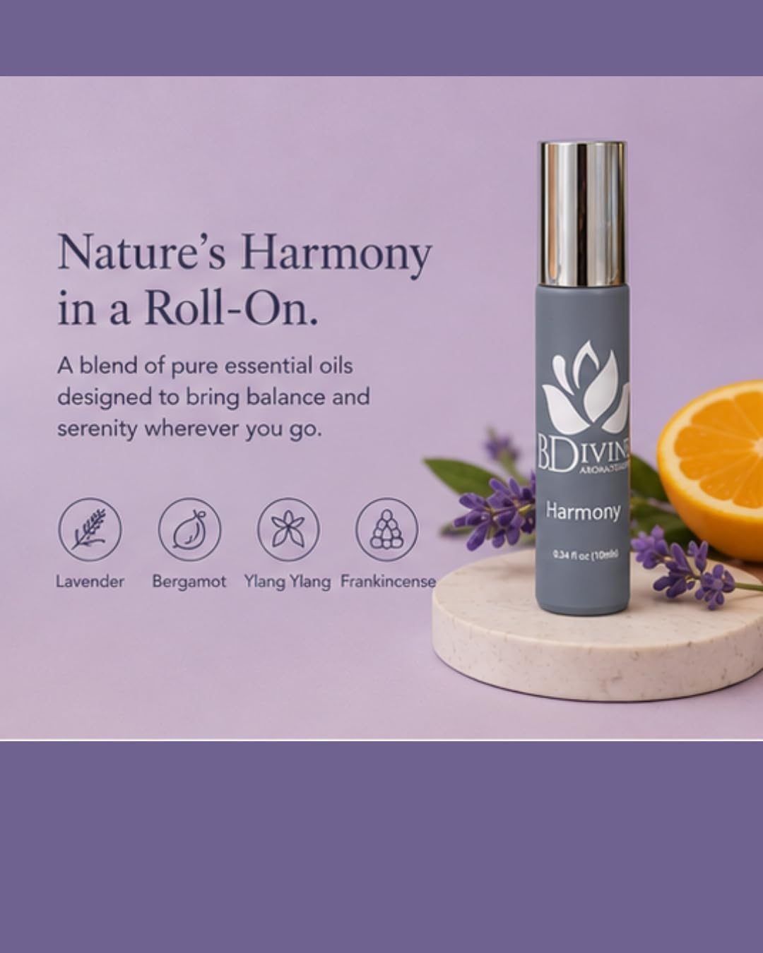 B Divine Aromatherapy Essential Oil Roll-On – 100% Pure Therapeutic Grade | Natural Aromatherapy for Stress Relief, Sleep, Energy, & Focus | Easy On-the-Go Wellness | 10ml (Harmony)
