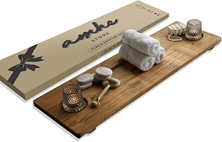 Amhe Store! Luxury Rustic Acacia Wood. Durable, Water-Resistant, Minimalistic, Adjustable 35x9 Inches. Lovely Gift - Box. Bath Tub Tray Wood - Bath Tray for Tub. Unique Natural Grain for Relaxation