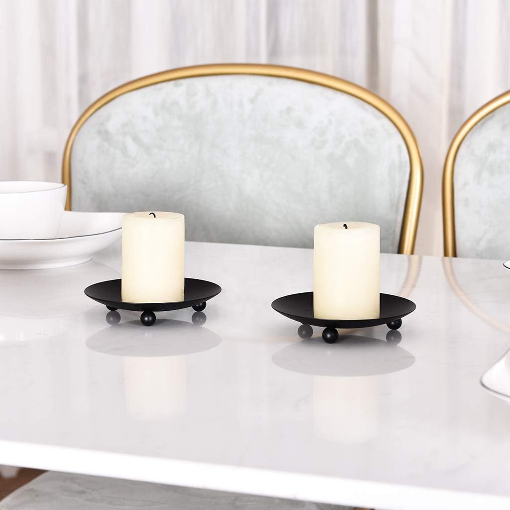 Black Iron Plate Candle Holder, Decorative Iron Pillar Candle Plate, Set of 2, 4.37 inches D x 0.78 inches H, Pedestal Candle Stand for LED & Wax Candles, Incense Cones, Spa, Weddings (2 pcs)