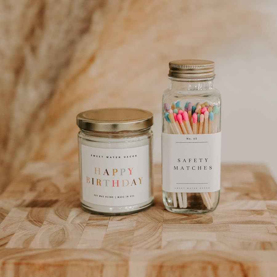 Sweet Water Decor 4" Rainbow Safety Matches - Glass Jar with Gold Lid | Approx. 60 Matches | Matchsticks | Home Decor | Candle Accessories | Apothecary Jars for Fireplace | Housewarming Gift