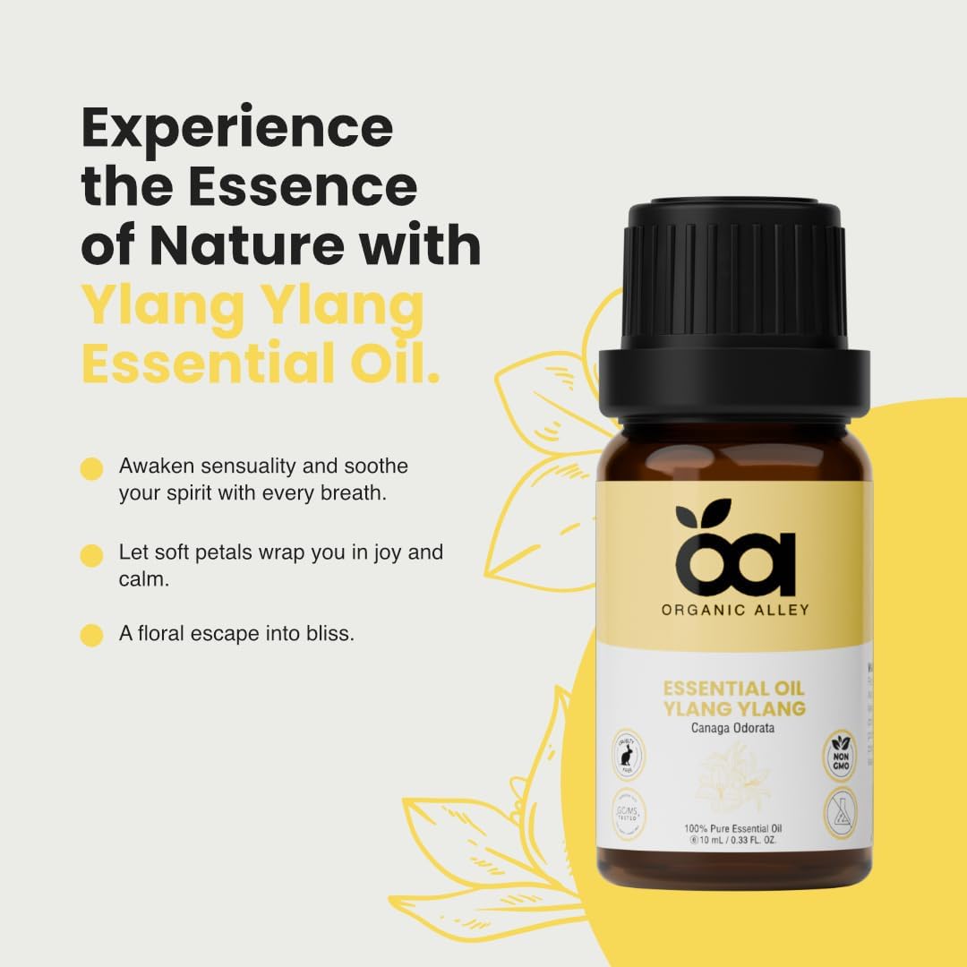 Ylang Ylang Essential Oil by Organic Alley | Pure, Undiluted, Therapeutic Grade – Romantic Floral Scent for Diffuser, Stress Relief, Hair & Skin Care – Cananga Odorata – 0.33 Fl Oz