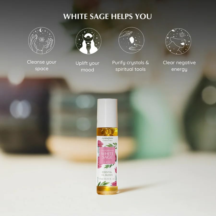 White Sage & Rose Essential Oil Roll-On Blend by Aromafume | 10ml/0.33 fl oz | Aromatherapy Oil for Cleansing Negative Energy & Protection | Ethically sourced sage Oil for smokeless smudging