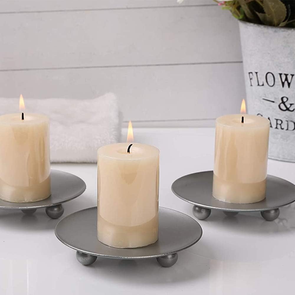 2 Sets Iron Plate Candle Holder, Roucerlin Decorative Iron Candle Plate, Premium Pedestal Stand Candlestick Plates for Wax (Silver)
