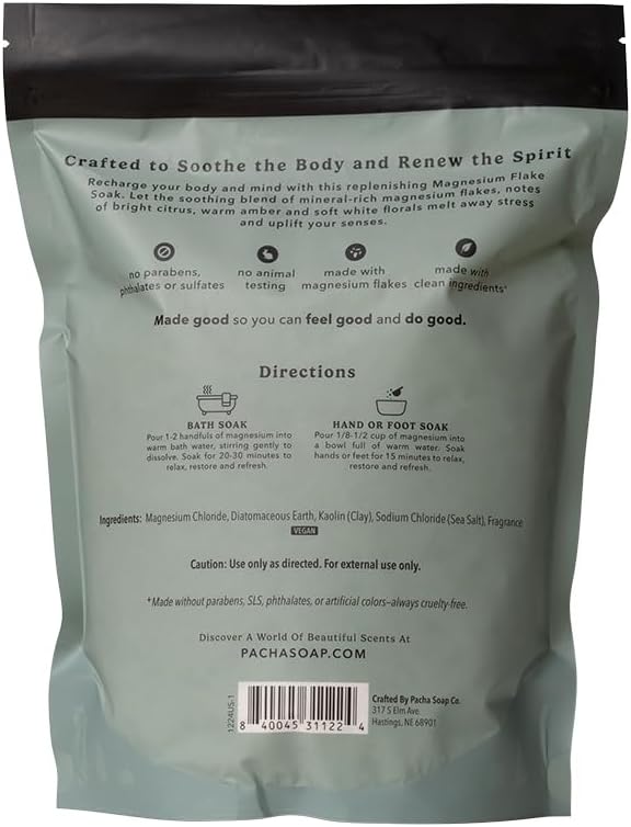 Pacha Soap Co. Magnesium Flake Salt Soak - Sea Salt & Moss, Soothing Mineral Bath Soak with Magnesium & Sea Salt, Paraben, Sulfate, and Dye-Free, Handcrafted in The USA, 2-Pack, 32 oz Each