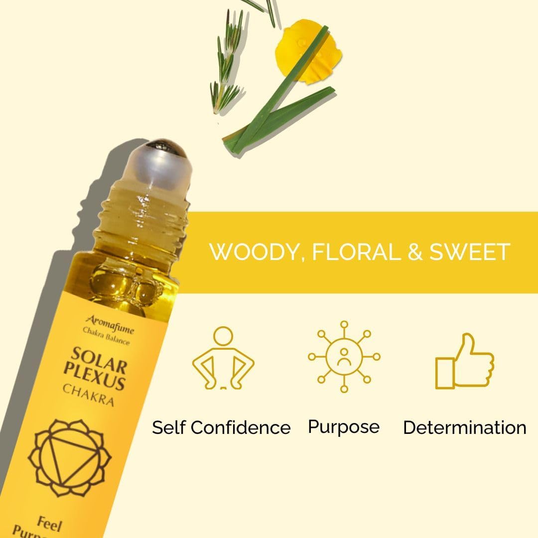 Solar Plexus Chakra Essential Oil Roll-On Blend by Aromafume | 10ml/0.33 fl oz | Manipura | Aromatherapy Oils for Chakra Balance | Lemongrass & Rosemary Extracts | Chakra Incense for Meditation, Yoga