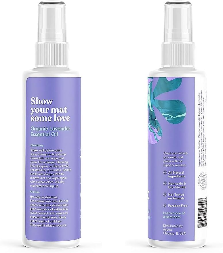 ASUTRA Yoga Mat Cleaner Spray (Peaceful Lavender), 4 fl oz - No Slippery Residue, Organic Essential Oils, Deep-Cleansing for Fitness Gear & Gym Equipment, Microfiber Towel Included