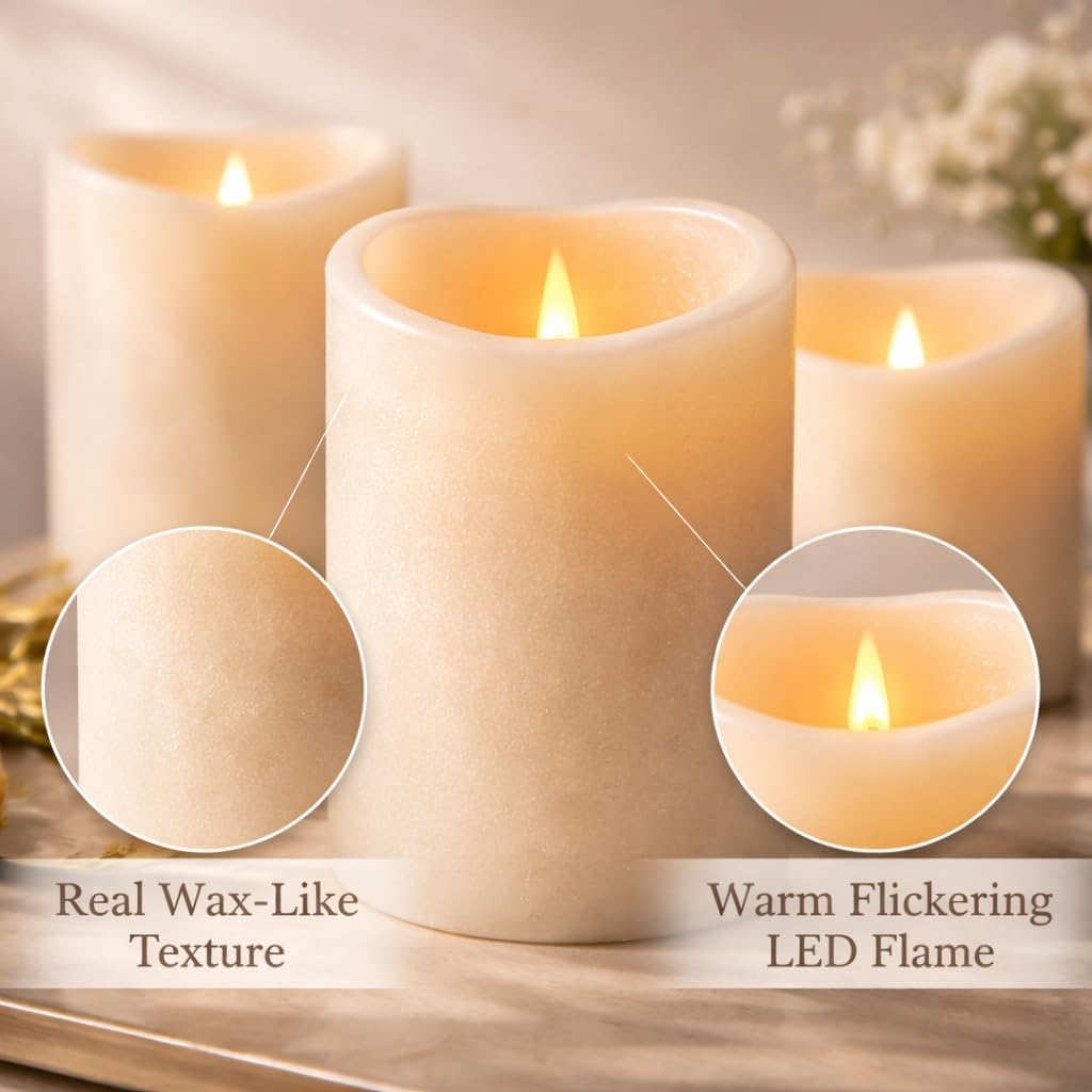 Enido Flameless Candles with Remote, 9 PC Outdoor Waterproof Battery Operated LED Pillar Candles, Flickering Electric Candles with Timer, 3" x 4" 5" 6" for Lantern, Patio, Wedding, Easter
