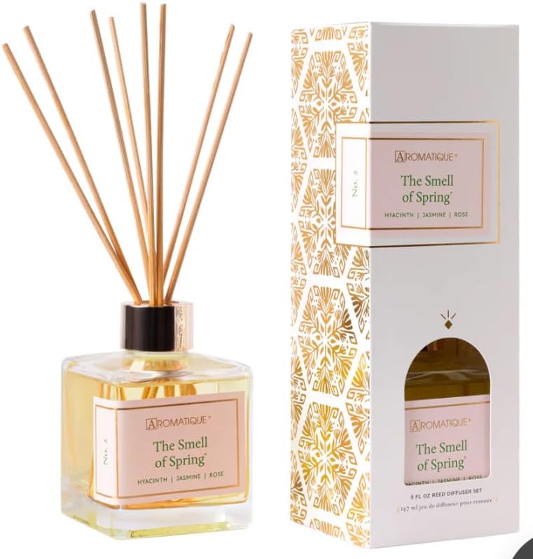 Aromatique, Reed Diffuser Set, Reusable, Refillable Glass Vessel Includes 8 Reed Sticks, Flame Free, Luxury Home Decor Fragance, Boxed for Gifting, (Standard, Smell of Spring)