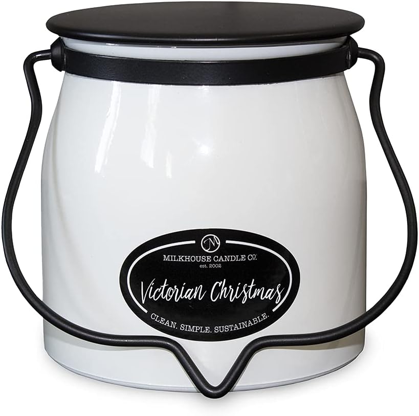 Milkhouse Candle Company Victorian Christmas Soy Candle - Pine | Holiday Spices | Eucalyptus Scented - 16 oz Butter Jar with Lid, 65+ Hour Burn Time, Made in the USA