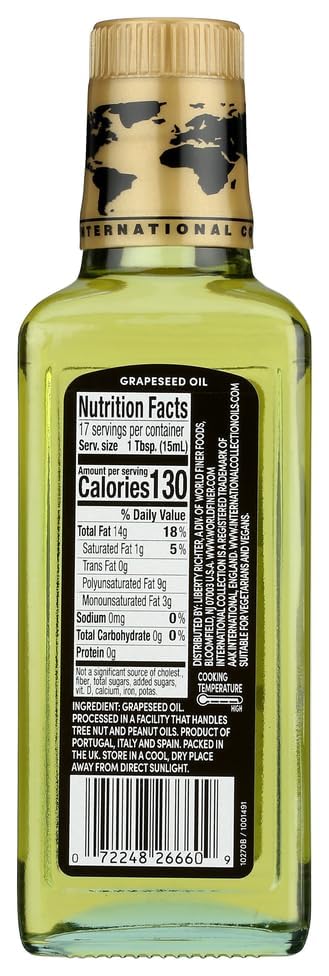 International Collection Grapeseed Oil, 8.45 fl oz (Pack of 1) | Expertly Sourced, Quality Oils | NonGMO Project Certified, No Artificial Flavors, Gluten Free, Vegan, Halal Approved