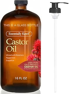 Castor Oil 16 Fl Oz (Glass Bottle) - Rosemary Peppermint Grapefruit Infusion - A Huge Glass Bottle with a Pump - 100% Pure and Natural, Cold Pressed, and Hexane-Free - Hair Oil, Body Oil