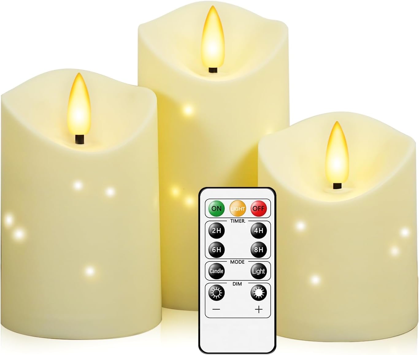 kakoya Outdoor Waterproof Flickering Flameless Candles with Embedded Star String,3Pcs LED Pillar Candles Battery Operated with Remote and Timers for Courtyard,Porch,Camping,Holiday Decoration(Ivory)