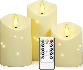 kakoya Outdoor Waterproof Flickering Flameless Candles with Embedded Star String,3Pcs LED Pillar Candles Battery Operated with Remote and Timers for Courtyard,Porch,Camping,Holiday Decoration(Ivory)