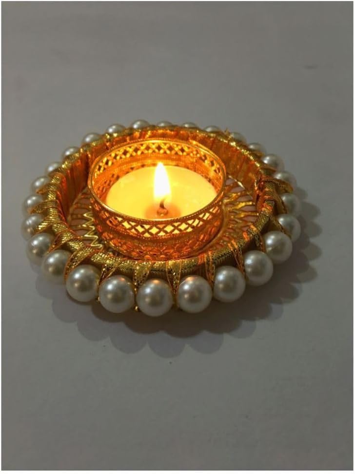 Set of 4 Pearl Moti Design T Light Holder Candle Stand Tealight T-Light Holder for Indian Festival Gifts New year Gifts Lighting Accessories Wedding Home Decor(Size:-3")(Without Wax)(White)