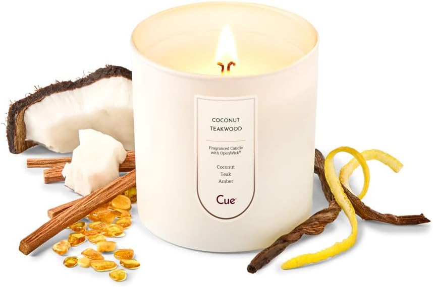 CUE Coconut Teakwood Scented Candle | Spring Summer Candle | Soy Coconut Wax Blend | Made in USA | 50 Hour Burn Time | 8.5oz White Color