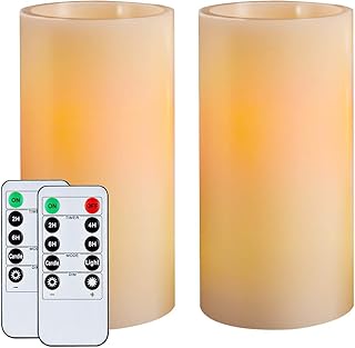 Homemory 7"x3" Flameless Candles Battery Operated, Amber Yellow Light，Realistic Wax LED Pillar Candles with 2 Remote Controls & Cycling 24-Hour Timer, Long Battery Life, Set of 2, Ivory, Indoor Only