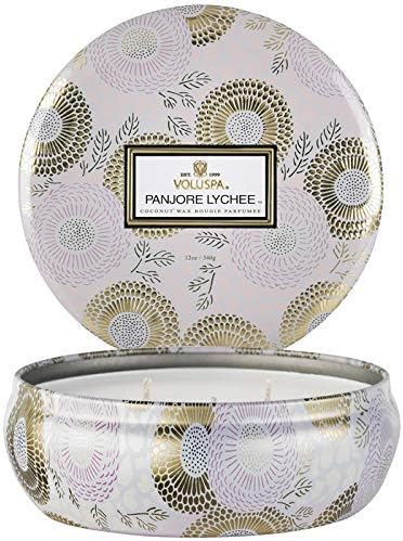 Voluspa Panjore Lychee, 3 Wick Tin Candle, 12 ounce, 40 Hour Burn Time, Coconut Wax for Clean Burning, Handcrafted in the USA