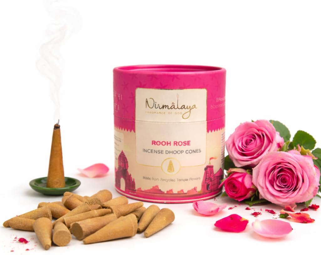 Nirmalaya Premium Rose Incense Dhoop Cones with Free Stand | Charcoal-Free & Organic | Made with Recycled Temple Flowers | 25+ Min Burning Time | 60 Cones