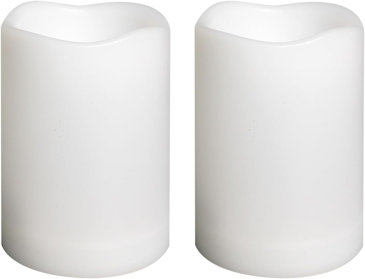 Waterproof Outdoor Battery Operated Flameless Candles with Auto Timer Flickering Plastic Resin Electric LED Pillar Lights for Lantern Patio Garden Wedding Party Decorations 3x4 Inches 2 Pack White
