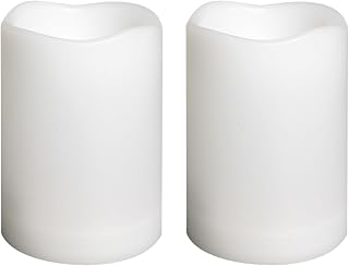 Waterproof Outdoor Battery Operated Flameless Candles with Auto Timer Flickering Plastic Resin Electric LED Pillar Lights for Lantern Patio Garden Wedding Party Decorations 3x4 Inches 2 Pack White