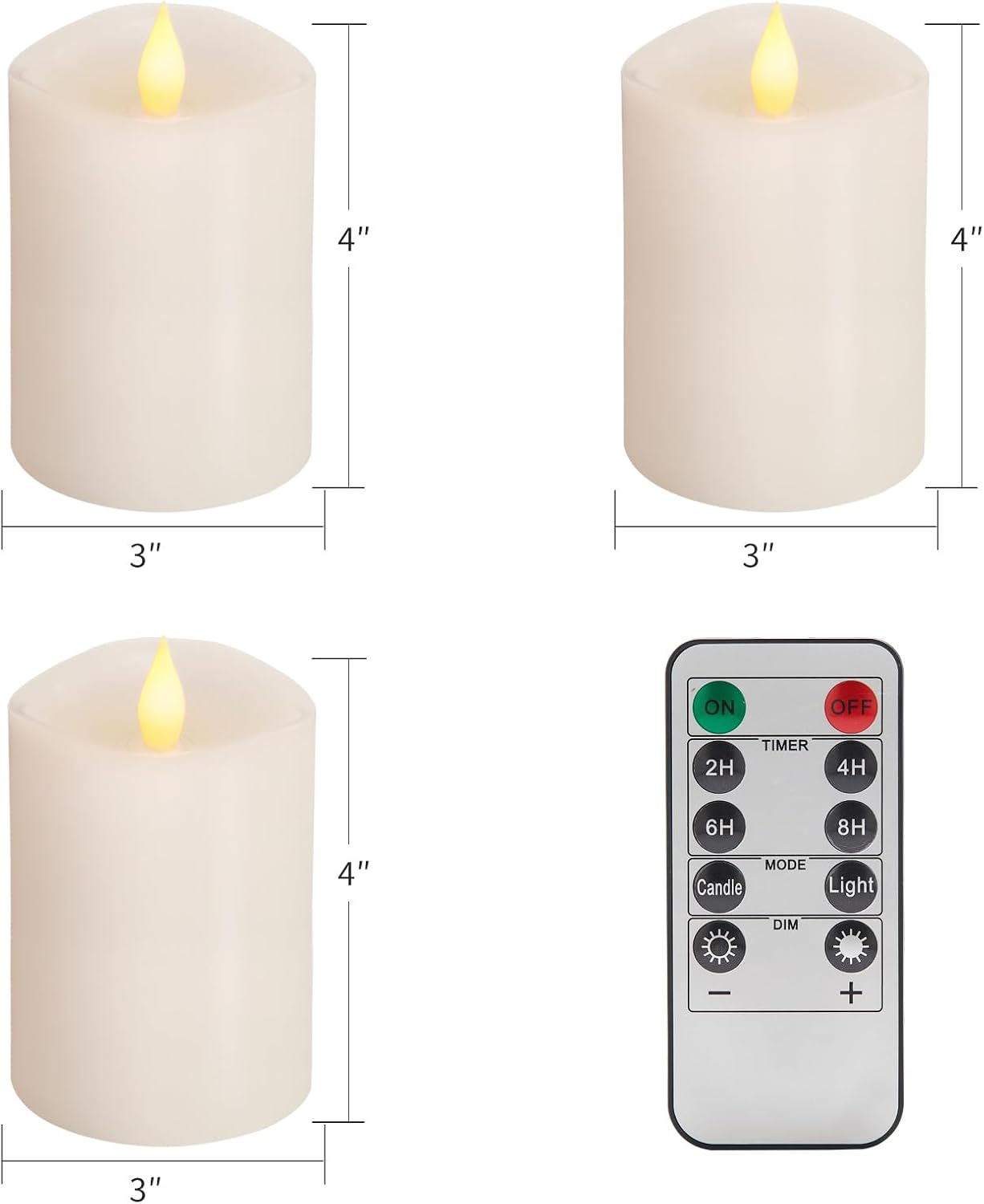 3x4 Flameless Candles with Remote Set of 3, 4 inch Battery Candles Flickering with Timer, LED Pillar Candle for Indoor/Outdoor, White