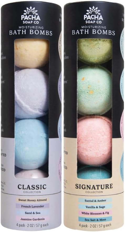 Pacha Soap Co. Bath Bombs - Moisturizing and Relaxing Aromatherapy Bath Bomb Set with Jasmine, Lavender, Sage, Peppermint, Dye Free Fizzy Bath Bombs for Adults, Made in The USA, 2-Pack (8 Pcs)