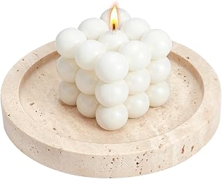 Natural Travertine Candlestick Holder 6'' Diameter Round Stone Jewelry Display Plate 1'' Thick Candle Tray with 8 Adhesive Silicone Bumper Minimalist Modern Plate Holder Home Decor