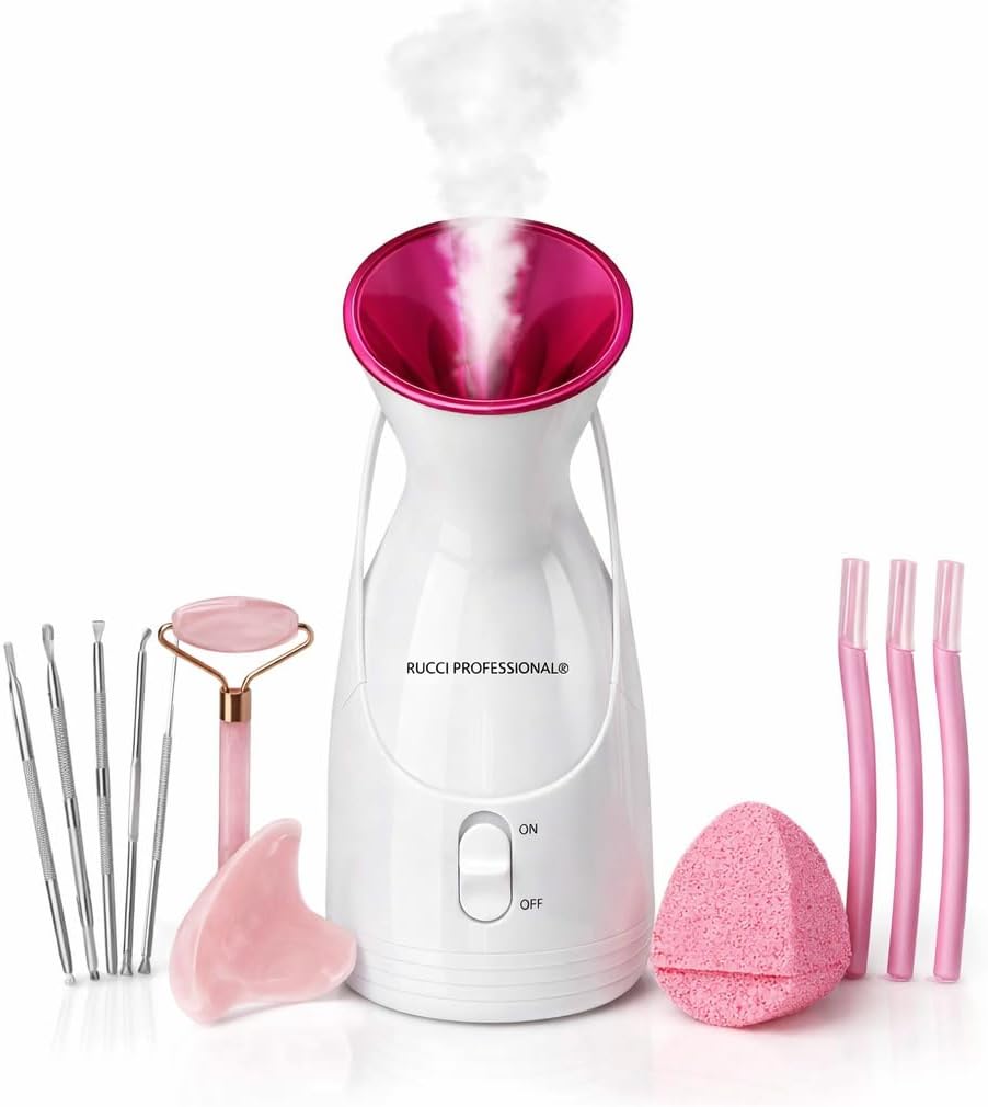 Nano Ionic Facial Steamer Spa Kit, 12-Piece Skincare Set with Jade Roller, Gua Sha, Facial Razors, Blackhead Extractor Tools & Exfoliating Sponge for Deep Pore Cleansing