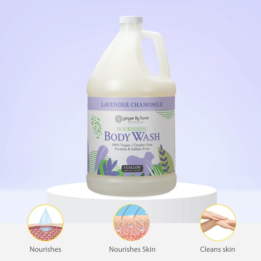 Ginger Lily Farms Botanicals Nourishing Body Wash, 100% Vegan & Cruelty-Free, Bath & Shower Gel for Men and Women, Lavender Chamomile Scent, 1 Gallon Refill (128 fl oz)