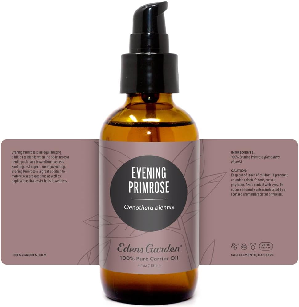 Edens Garden Evening Primrose Carrier Oil- 100% Pure Premium Cold Pressed & Hexane Free, Natural Antioxidant Rich Moisturizer For Face, Skin, Hair & Nail Care, Diluting Essential Oils 118 ml (4 fl oz)