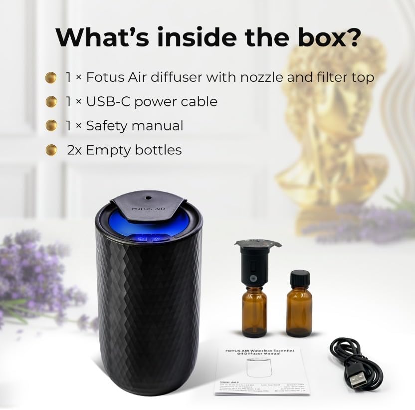 Waterless Essential Oil Diffuser - Cordless Rechargeable Aromatherapy Scent Machine for Home Bedroom Car Office Travel - 3 Mist Levels, 4 Timer Modes, 24-Hour Battery