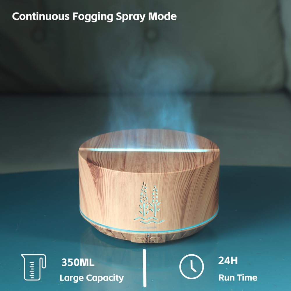 Ultrasonic Essential Oil Diffuser 500ml, Wood Grain Aromatherapy Diffuser with 7 Colors Flame Night Light, 32H Cool Mist for Home Bedroom Large Room Office