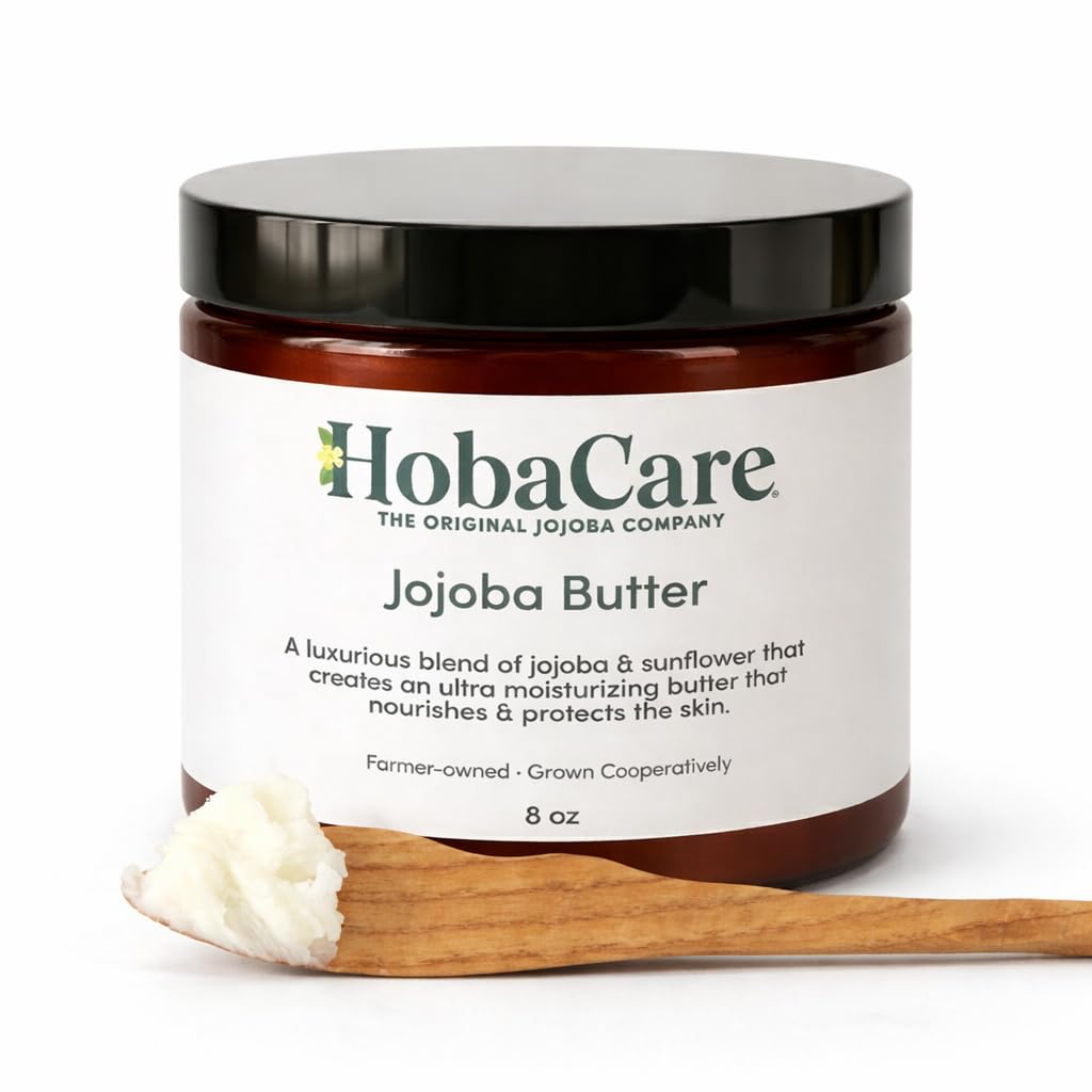 HobaCare Jojoba Butter, Fragrance-Free Body Butter Base with Natural First-Press Pure Jojoba Oil - Softening, Moisturizing, Vegan, Cruelty-Free Cream for Skin & Hair (8 oz)