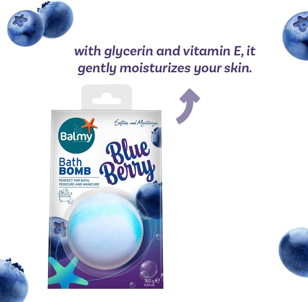 BALMY Blueberry Bath Bomb – Moisturizing Fizzy with Vitamin E & Glycerin, Fruity Scented, 5.6 oz
